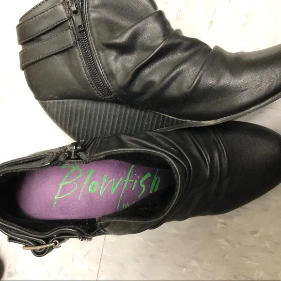 Gently used black blowfish wedge booties size 7